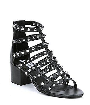 Steve Madden Mania Strappy Studded Leather Block Heel Dress Sandals Embellished Ankle Strap Heels For Spring, Spring Embellished Heels With Ankle Strap, Spring Embellished Ankle Strap Heels, Rhinestone Block Heel Sandals For Spring, Spring Sandals With Rhinestones And Block Heel, Rhinestone Sandals For Night Out In Spring, Spring Rhinestone Sandals With Block Heel, Rhinestone Sandals For Spring Night Out, Embellished High Heel Sandals For Spring