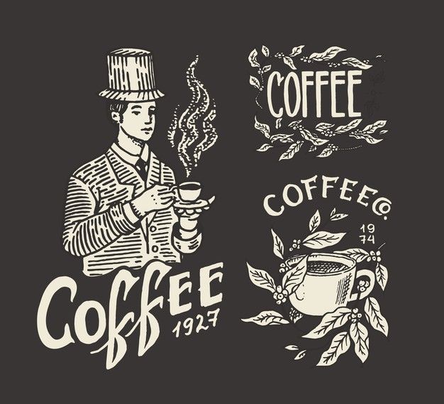 two different types of coffee logos on a black background, one with a man holding a cup