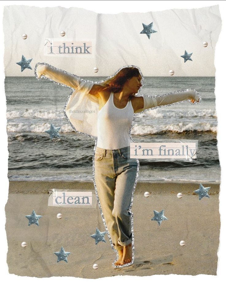 a woman standing on top of a sandy beach next to the ocean with stars around her