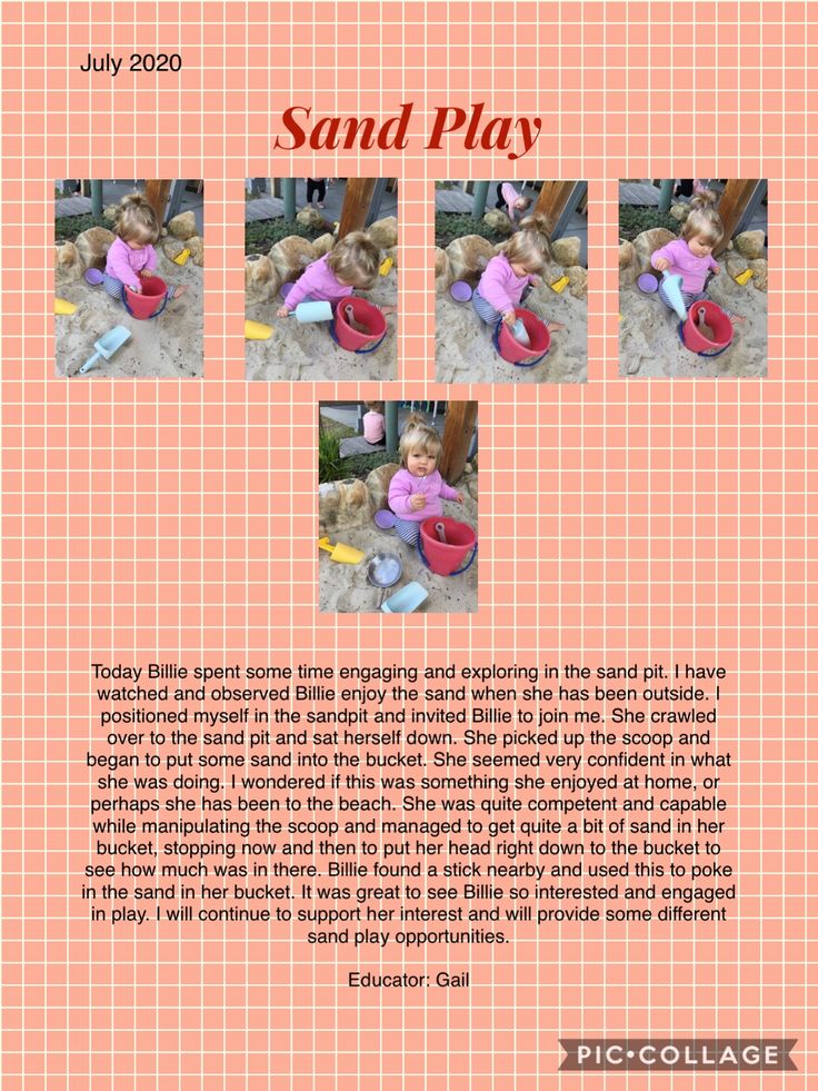 the back cover of an article about sand play with pictures of children playing in toys