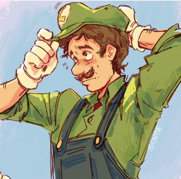 a drawing of a man in overalls holding his hands up to his ears and looking at the camera