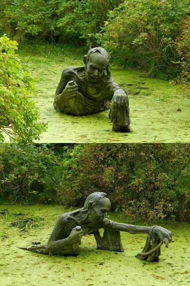 two different pictures of a statue in the grass