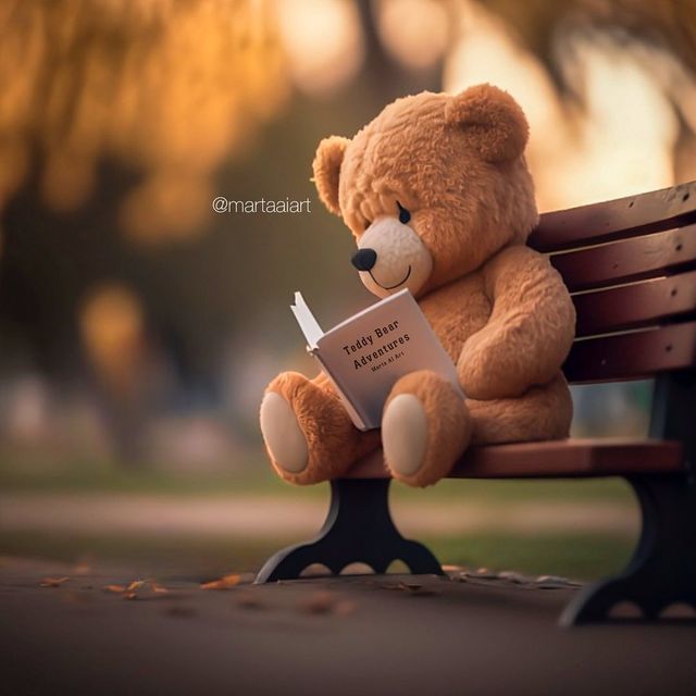 a teddy bear sitting on a bench reading a book