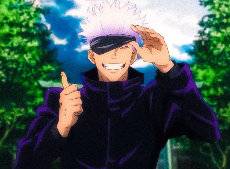 an anime character giving the peace sign in front of trees and sky with his fingers up