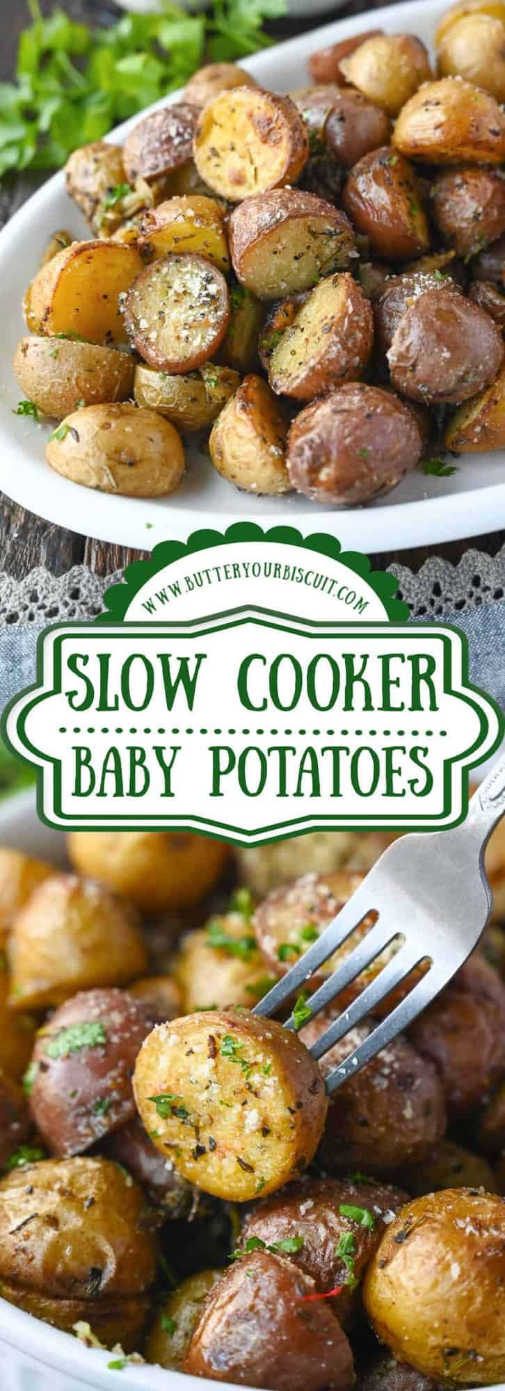 two plates filled with baby potatoes on top of each other and the title below reads slow cooker baby potatoes