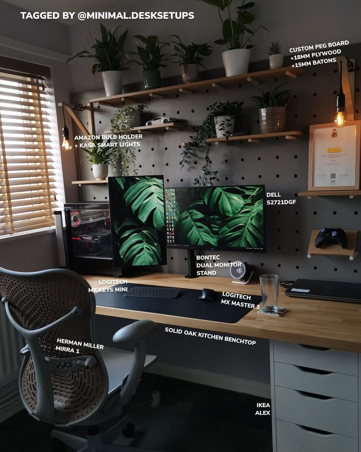 a desk with two computer monitors on top of it and some plants in the background