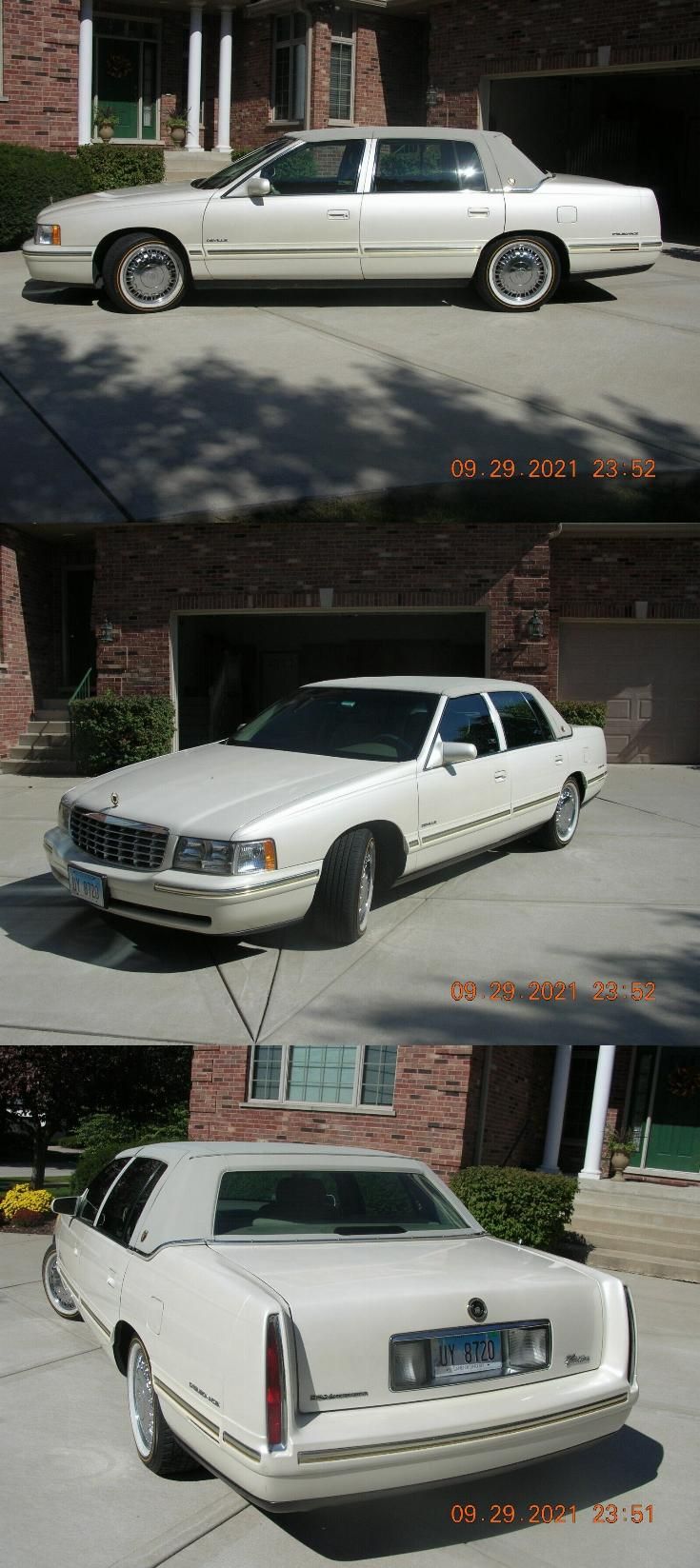 three different cars are parked in front of a house and one is white, the other has