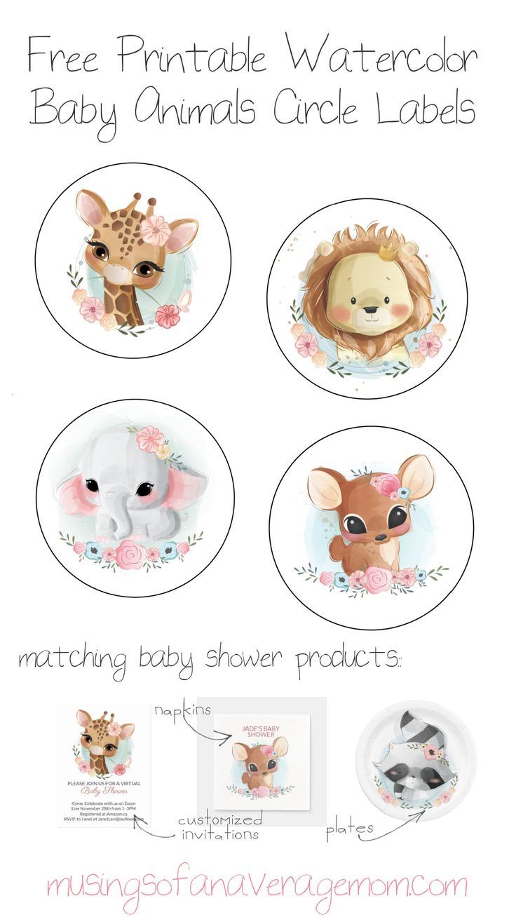 an animal themed baby shower sticker with the words, free printable watercolor baby animals circle labels