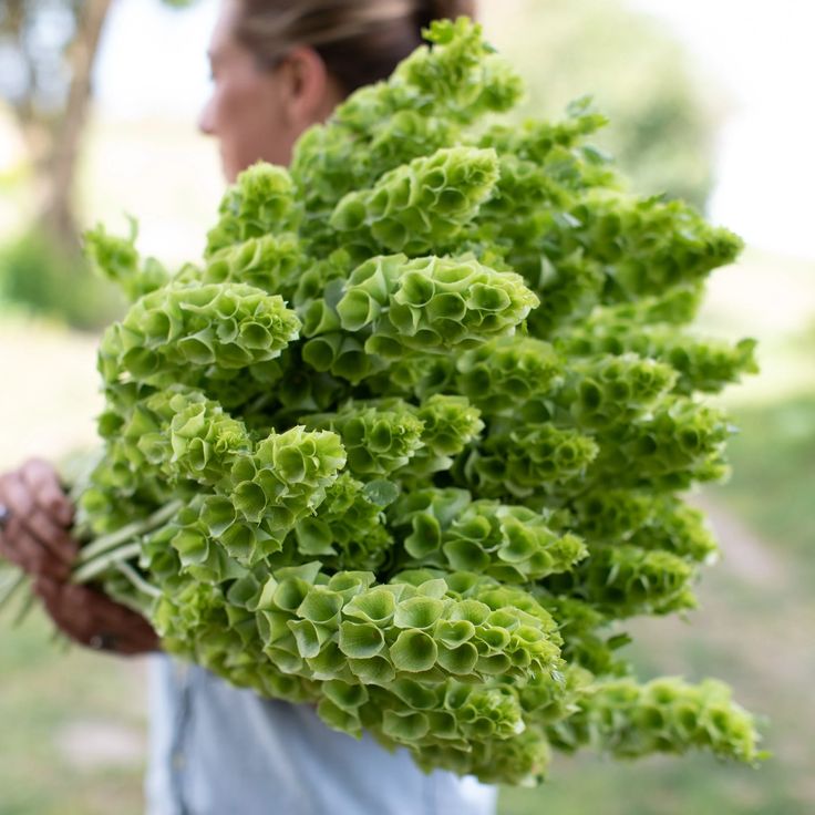 a woman holding a bunch of green plants