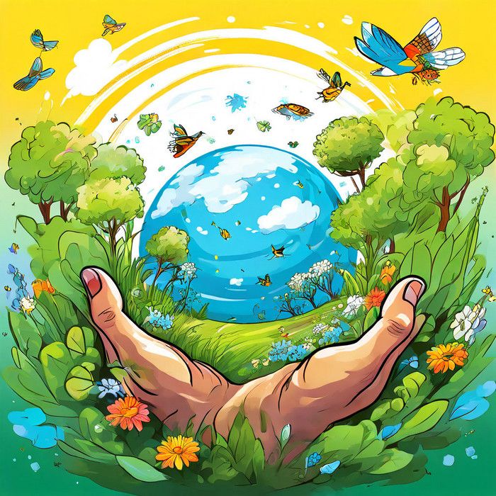 a person's feet in the grass with trees and butterflies flying around them on a sunny day