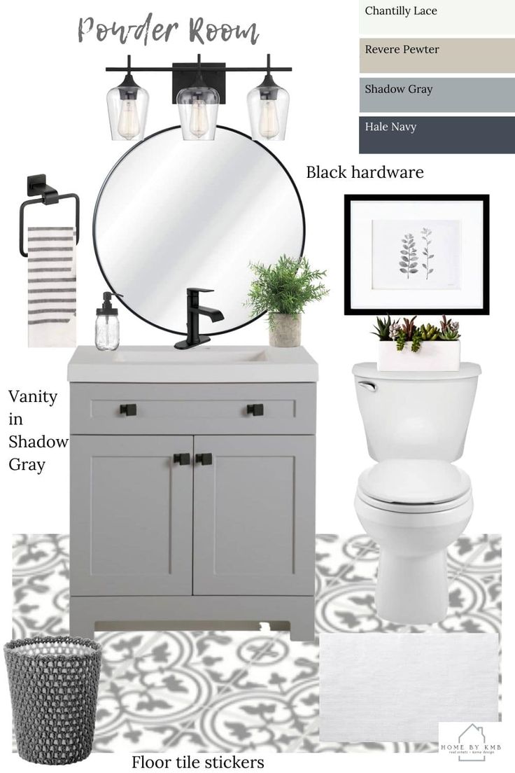 a bathroom with gray and white decor, including a mirror, sink, toilet, and rug