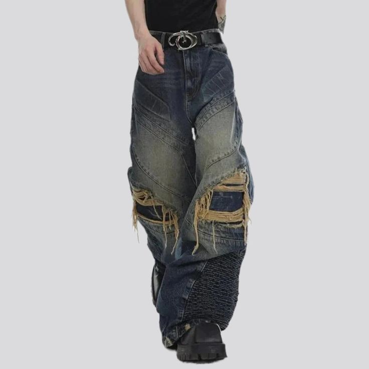 Introducing our 2023 Spring-Summer Collection patchwork men's high-waist jeans with a rock-n-roll trend that will make you stand out!Why It's A Must-HaveThis unique piece is perfect for those who are ready to express their individuality and show off their trend for couture. With its baggy fit. distressed denim. vintage-inspired patchwork. and high-waist cut. it's a traditional piece that speaks to all the trendsetters out there.Distinctive Features: Grunge Style: With its loose silhouette and di Patterned Jeans, Urban Looks, Dark Blue Color, Jeans Online, Waist Jeans, Grunge Style, High Rise Jeans, Dream Clothes, Baggy Jeans