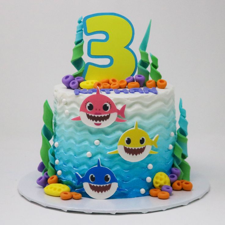 a three tiered birthday cake with an ocean theme