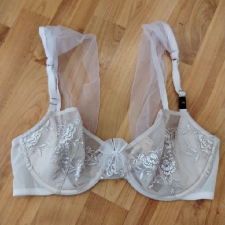 New With Tags Size 34d Demi Lace Detail Mesh Unlined Underwire Sheer Feminine Fitted Bra, Fitted Feminine Sheer Bra, Feminine Sheer Fitted Bra, Feminine Fitted Sheer Bra, Spring Sheer Fitted Bra, Sheer Bra For Party In Spring, Sheer Party Bra For Spring, Spring Wedding Bra With Lace Trim, Elegant Spring Stretch Bra