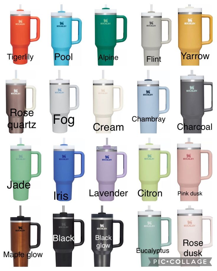 the different types of coffee mugs are shown in this image, with their names on them