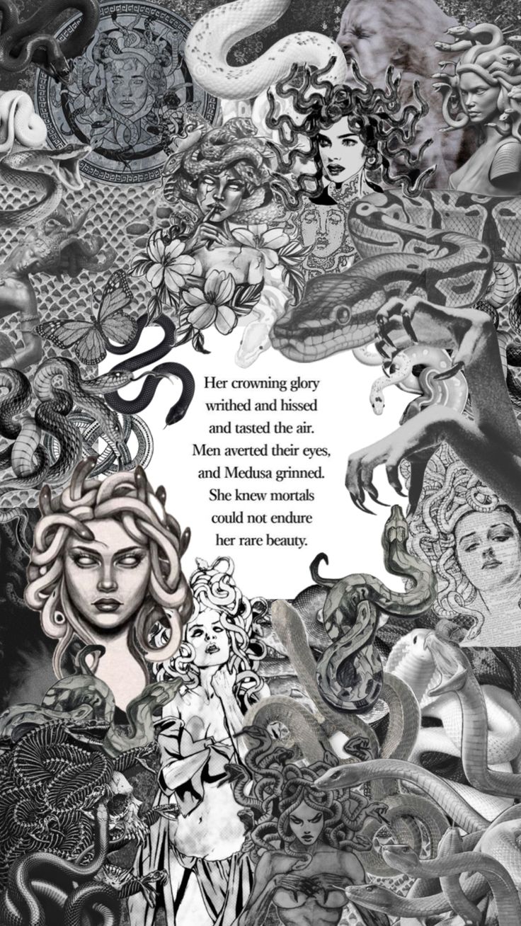 a drawing with an image of a woman surrounded by snakes and other things in black and white