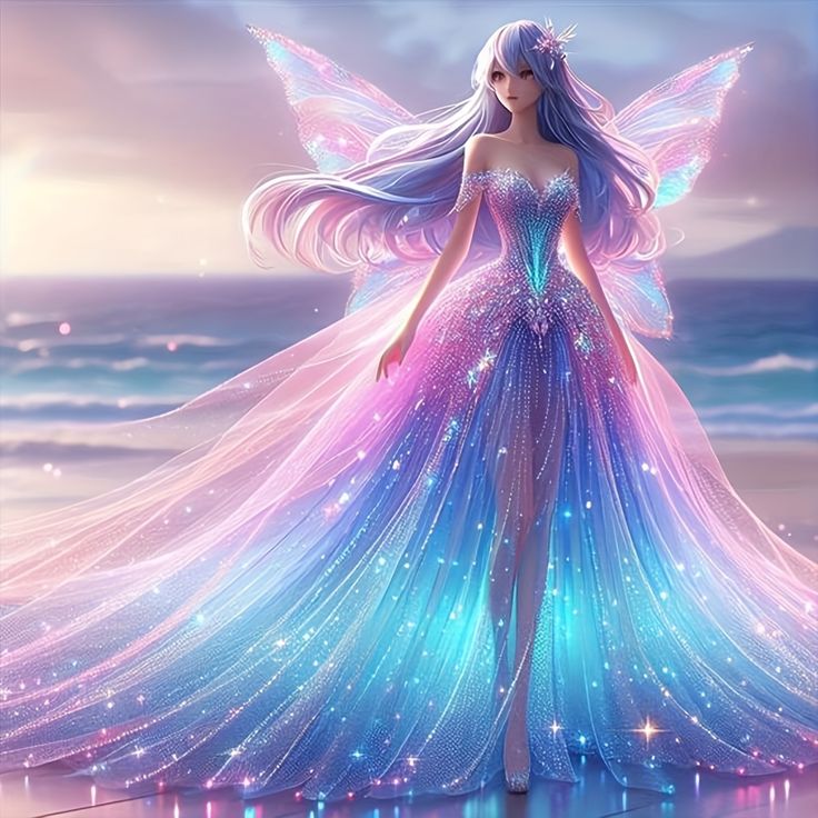 a beautiful fairy standing on the beach in her blue and pink dress with stars all over it