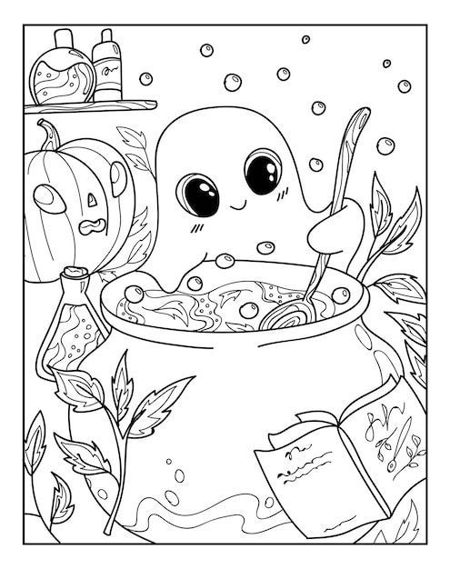 a coloring page with an image of a cartoon character in a pot full of soup