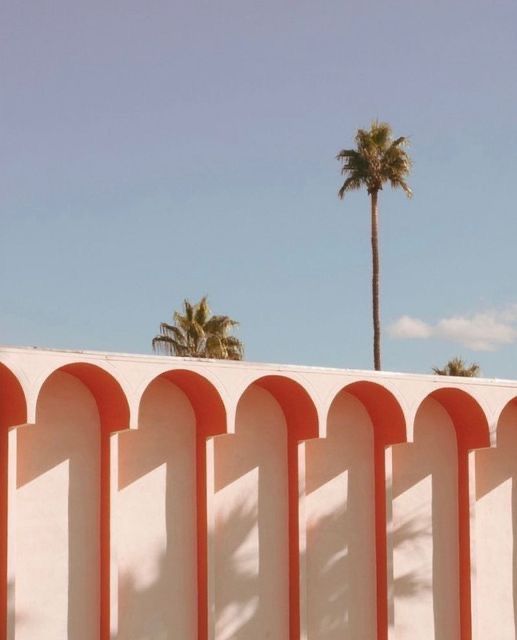 a white wall with orange arches and palm trees in the background on a sunny day