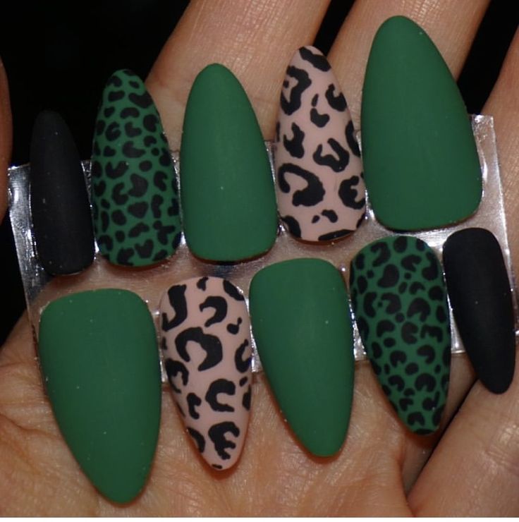 Green And Gold Leopard Nails, Wild One Nails, Green And Silver Nails Ideas, Olive Green Fall Nail Designs, Camo Green Nails, Green Nail Designs Almond, 50th Birthday Nails Design, Green Animal Print Nails, Jungle Green Nails