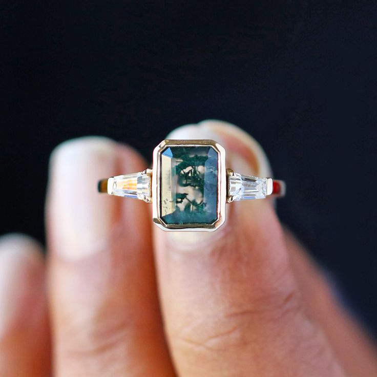 Dark Gemstone Engagement Rings, Gold Moss Agate Ring, Moss Agate Ring, Chunky Rings, Diamond Anniversary, Agate Ring, Gemstone Engagement Rings, Baguette Diamond, Prince Charming