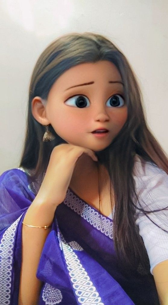 a doll with long hair wearing a purple sari and looking at the camera while holding her hand on her chin