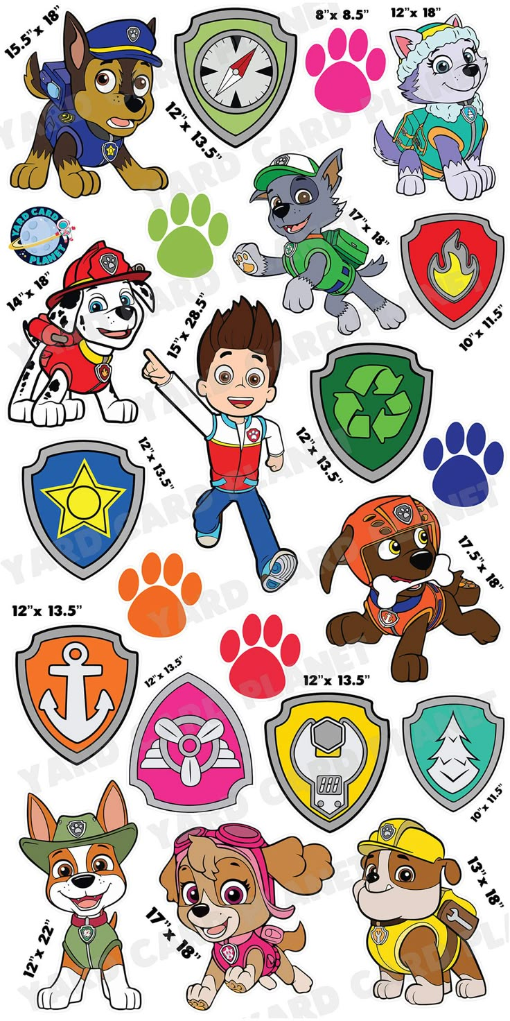 the paw patrol stickers are all different colors and sizes, but one is for each dog