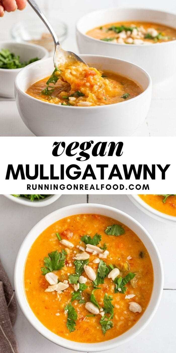 two bowls of vegan mullicatawly soup on a white table with the title overlay