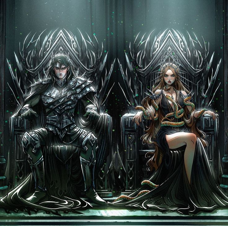 two people sitting on thrones in front of a wall