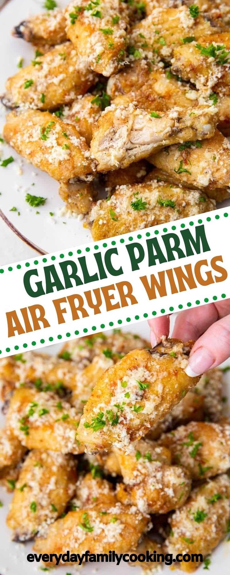 garlic parm air fryer wings on a white plate with the title above it