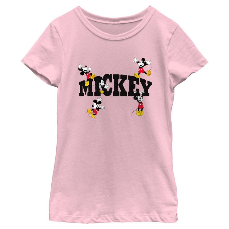 Who knew that dressing "mousey" could be so cute!? Celebrate Walt Disney's most iconic character with this officially licensed Disney Mickey Mouse and Friends Character Name Girls' Graphic T-Shirt! This fun tee features "Mickey" written in black lettering across the front with graphics of the friendly little mousey jumping, celebrating, and hanging around. Add this vintage Disney tee to your collection for the perfect style for your next trip to Disneyland! Pink Cotton Tops For Disney Trips, Pink Disney T-shirt With Letter Print For Fan Events, Disney Pink Tops With Letter Print, Pink Crew Neck Top With Mickey Mouse, Pink Disney Letter Print Top, Cute Mickey Mouse T-shirt For Fans, Pink Disney Top For Disney Trips, Pink Mickey Mouse Crew Neck Top, Pink Mickey Mouse T-shirt For Disney Events