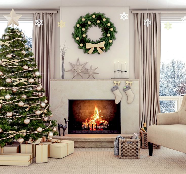 two christmas trees in front of a fireplace