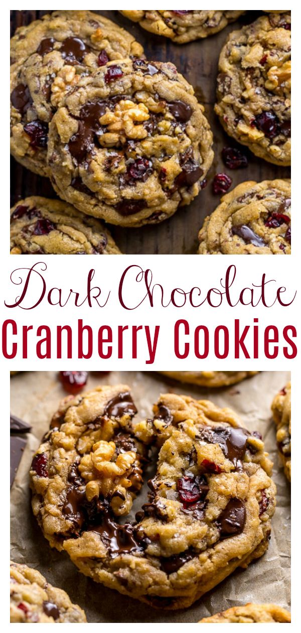 chocolate cranberry cookies with text overlay that reads, dark chocolate cranberry cookies