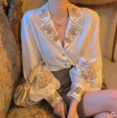 Women‘s Shirts French Vintage Casual Embroidered Shirt Balloon Sleeve Spring | eBay Women Blouses Fashion, Elegant Embroidery, Floral Embroidered Top, Long Sleeve Floral Top, Elegant Blouses, 가을 패션, Inspired Outfits, Blouse Styles, Vintage Shirts