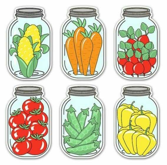 four mason jars filled with different types of vegetables