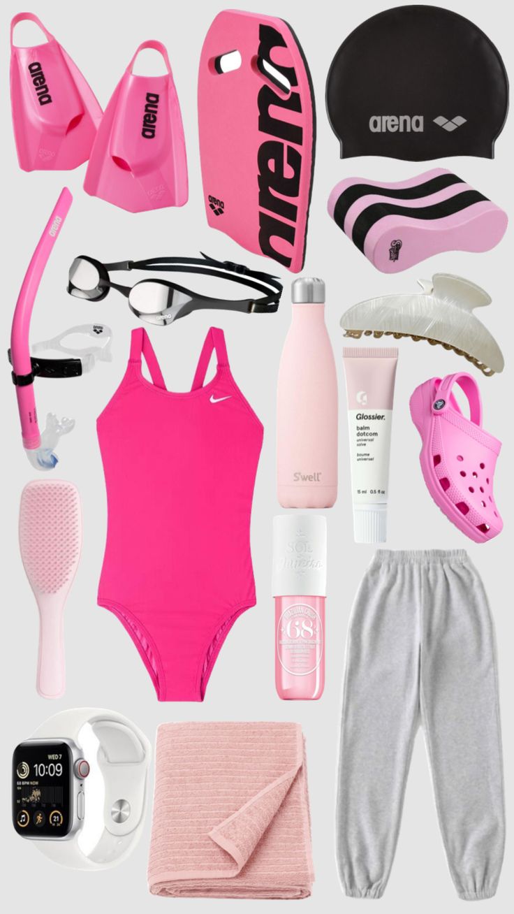 the contents of a swimsuit and accessories laid out on a white surface, including pink