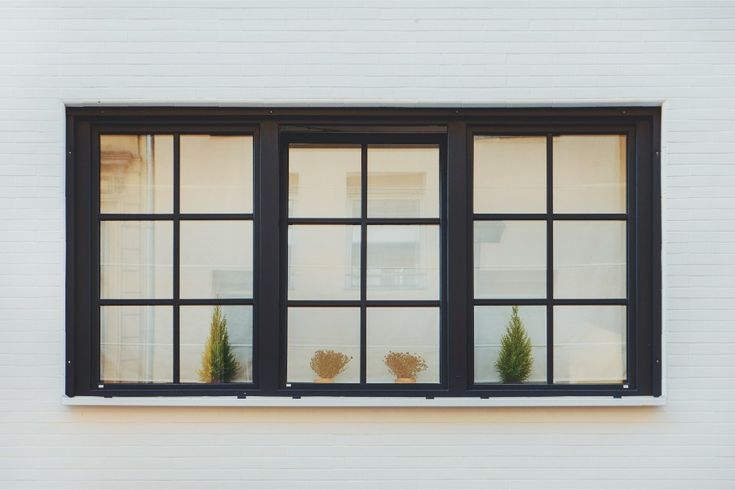 two plants are sitting in the window sill next to each other on a white brick wall