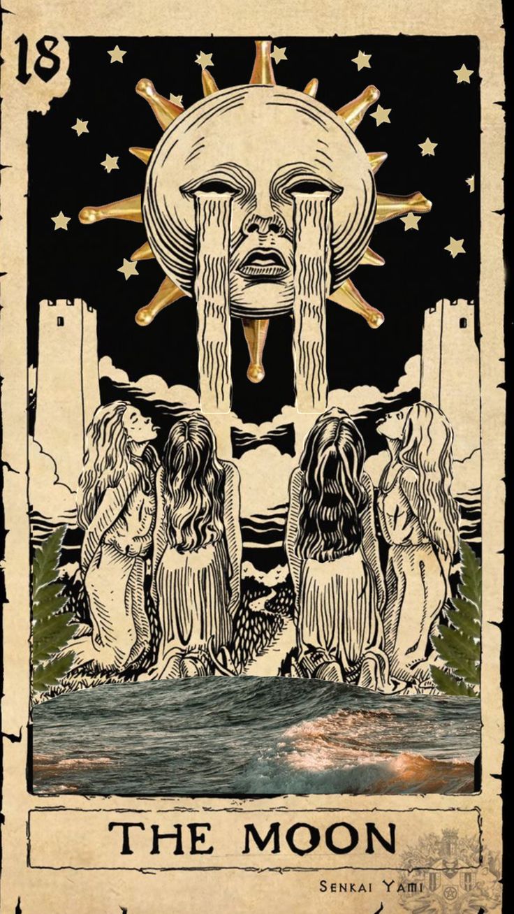 the moon tarot card with three women standing in front of it and stars above