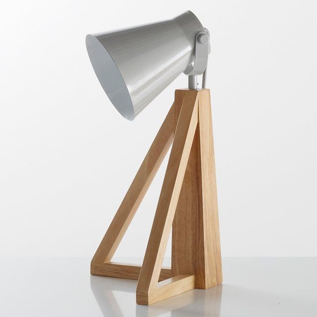 a wooden stand with a metal lamp on it