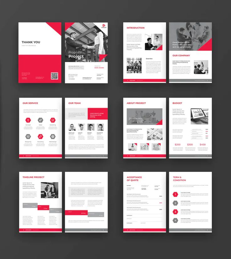 the red and white brochure is displayed on a dark background with several pages