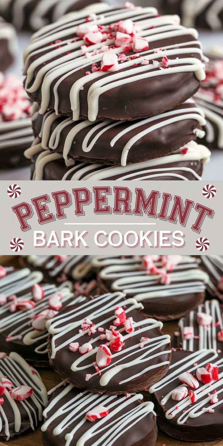 A close-up stack of peppermint bark cookies decorated with smooth, glossy dark chocolate coating, drizzled with white chocolate, and topped with crushed peppermint candies. Perfectly festive with a combination of rich chocolate and refreshing peppermint flavors. Chocolate Drizzle Cookies, Oreo Peppermint Dessert, Peppermint Bark Cookies Recipe, Fast Desserts For A Crowd, Big Batch Christmas Cookies, Peppermint Christmas Desserts, Big Batch Cookies, Peppermint Desserts Christmas, Chocolate Peppermint Cookies Recipe