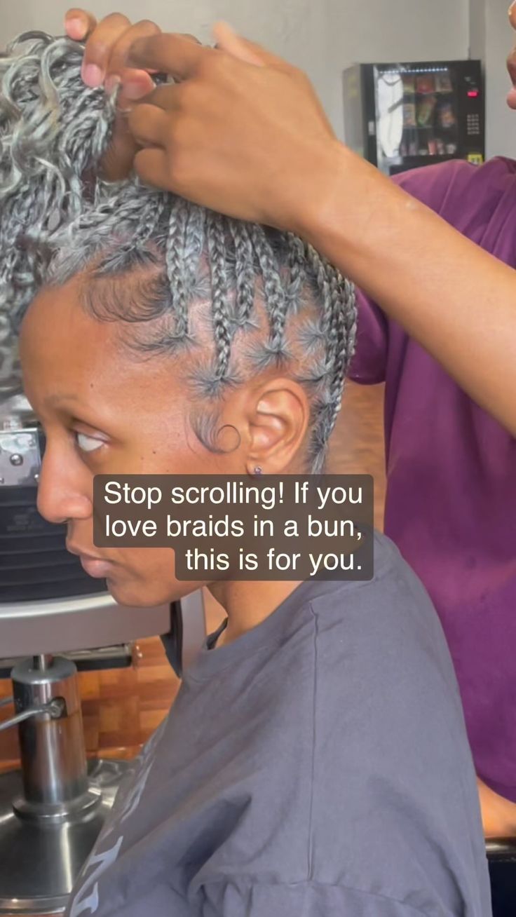 Dallas Braider | Salt & Pepper knotless braids! Showing my client how to stall her bun. Ask your stylist to assist you with a style or upkeep before… | Instagram Salt And Pepper Knotless Braids, Boho Knotless Braids Bun, Grey Braids Hairstyles, Gray Knotless Box Braids, Knotless Braids Bun Hairstyles, Gray Braids For Black Women Silver Hair, Grey Knotless Braids, Salt And Pepper Braids Black Women, Grey Hair Braids