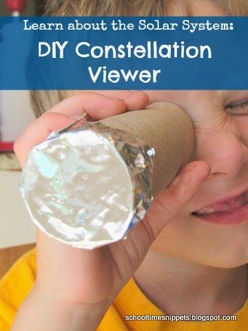 a young boy holding a roll of paper and looking through it with the words learn about the solar system diy constellation viewer