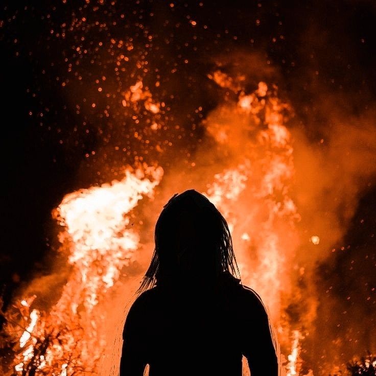 a person standing in front of a large fire