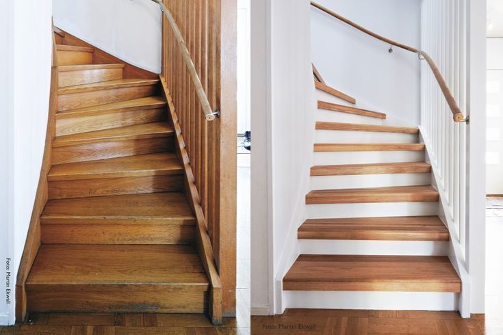 two pictures of a wooden staircase with white walls and wood flooring