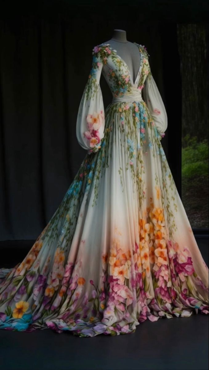 Spring Court Aesthetic Outfits, Spring Court Outfit, Spring Court Fashion, Autumn Court Dress, Spring Court Dress, Cottagecore Ballgown, Garden Of Time Dress, Acotar Dresses, Spring Ball Gown