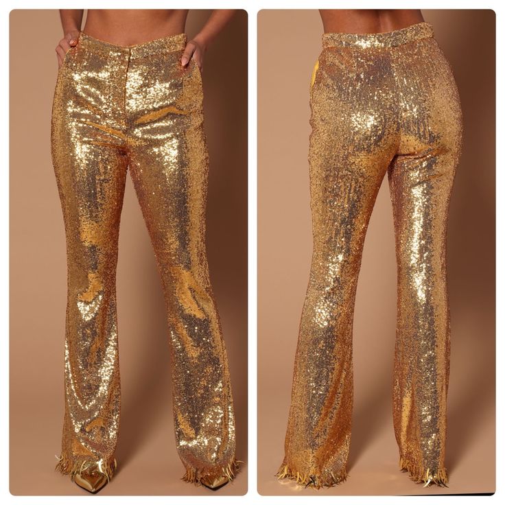 Novaluxe Piper Gold Sequin Wide Leg Pants. Sz Large. Approx 32” Waist, 12” Rise, 34” Length. Nwt. High Waisted. Wide Leg. Metallic Fringe. Lined. 95% Polyester, 5% Spandex. Perfect Gold Sequin Pant For Any Occasion. Glamorous Fall Trousers, Gold Pants Outfit, Gold Sequin Pants, Sequin Pant, Gold Pants, Bling Fashion, Fashion Nova Pants, Pants Large, Gold Sequin