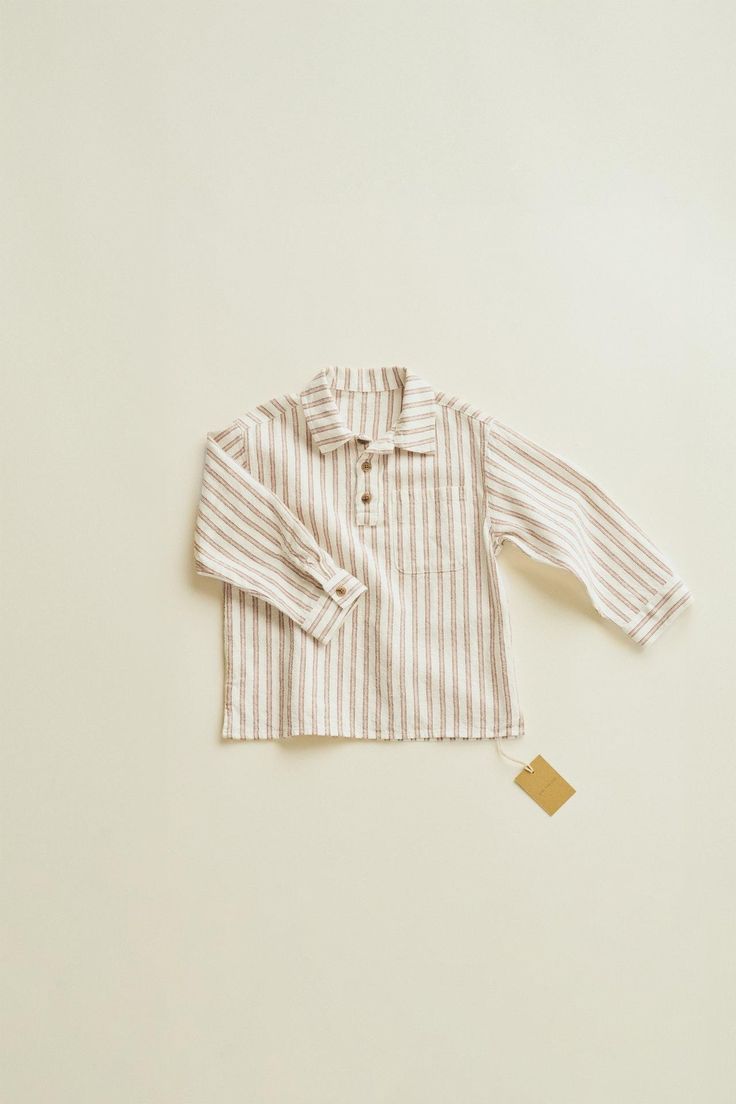 TIMELESZ - STRIPED LINEN SHIRT - Ecru / Maroon | ZARA United States Cream Cotton Shirt With Buttons, Cream Cotton Button-up Shirt, Zara Linen Collared Shirt, Beige Cotton Top With Placket, Beige Collar Top With Placket, Zara Cotton Shirt, Neutral Long Sleeve Cotton Top, Cream Collared Top With Placket, Zara Beige Cotton Tops