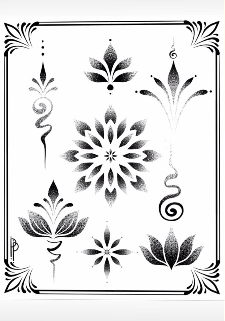 black and white floral design with swirls in the middle, on a white background