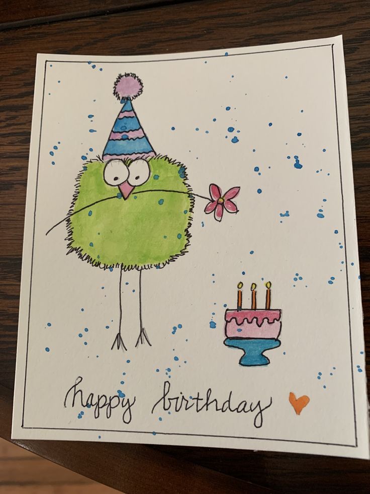 a birthday card with a bird wearing a party hat